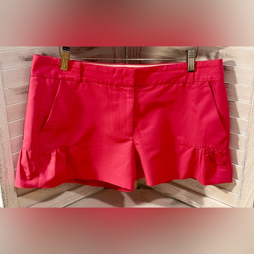 J.Crew UK Pink Silk Blend Ruffle Hem Shorts Size 8 Preppy Spring Summer Flirty